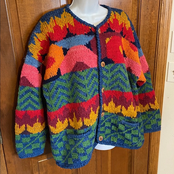 Express Tricot Sweaters - Vintage Express Tricot Cardigan Women One Size Handknit Wool Aztec Incan OS